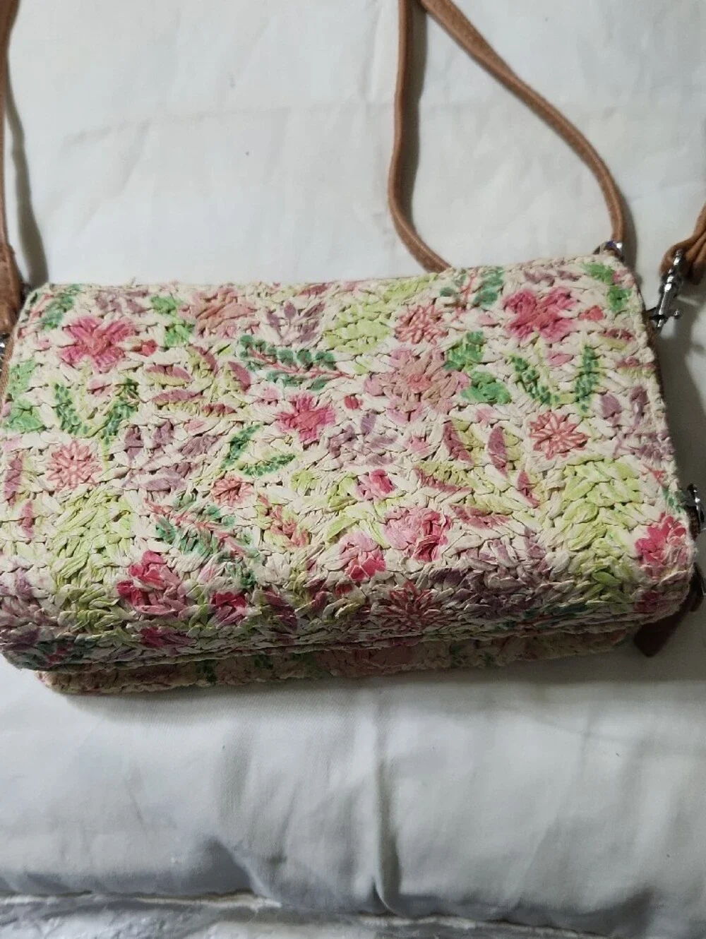 Bueno Floral Embroidered Crossbody in Pink, Green & Tan